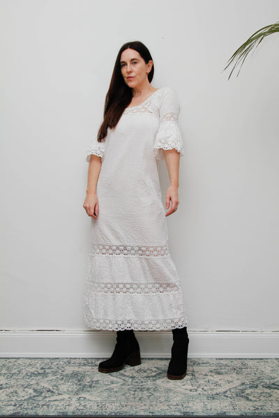 Vintage Mexican Cotton Kaftan Dress - White Crochet Lace Bohemian
