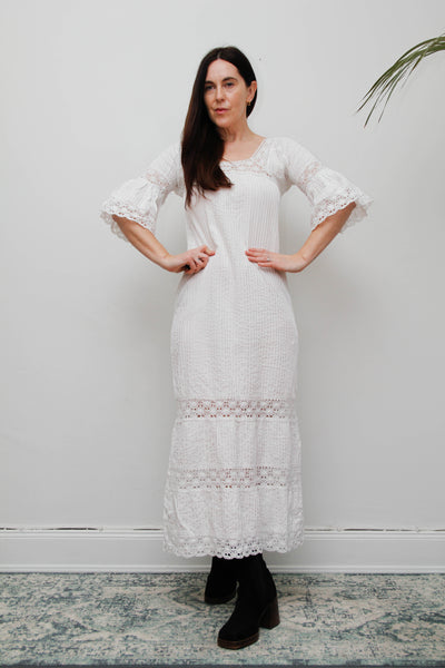 Vintage Mexican Cotton Kaftan Dress - White Crochet Lace Bohemian