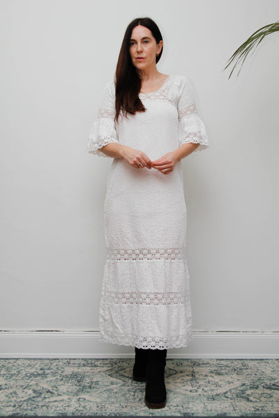 Vintage Mexican Cotton Kaftan Dress - White Crochet Lace Bohemian