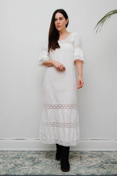 Vintage Mexican Cotton Kaftan Dress - White Crochet Lace Bohemian