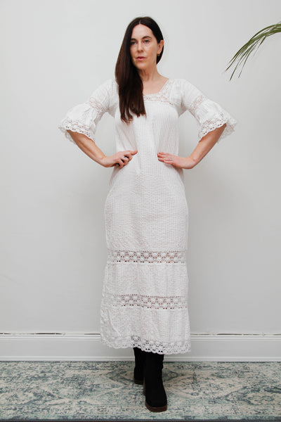 Vintage Mexican Cotton Kaftan Dress - White Crochet Lace Bohemian