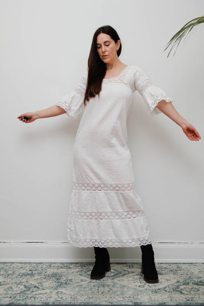 Vintage Mexican Cotton Kaftan Dress - White Crochet Lace Bohemian