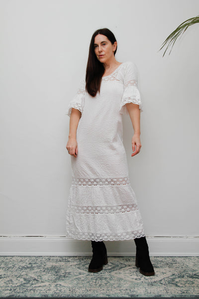 Vintage Mexican Cotton Kaftan Dress - White Crochet Lace Bohemian
