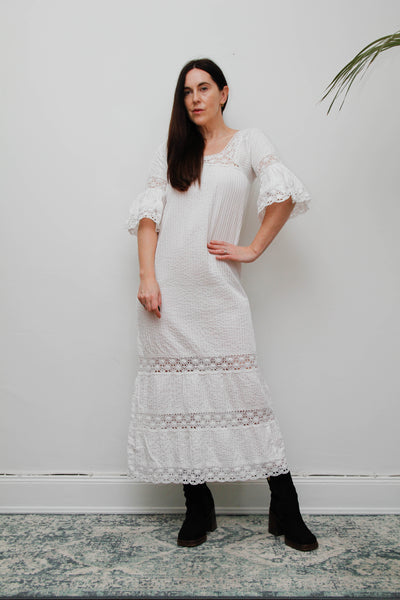 Vintage Mexican Cotton Kaftan Dress - White Crochet Lace Bohemian