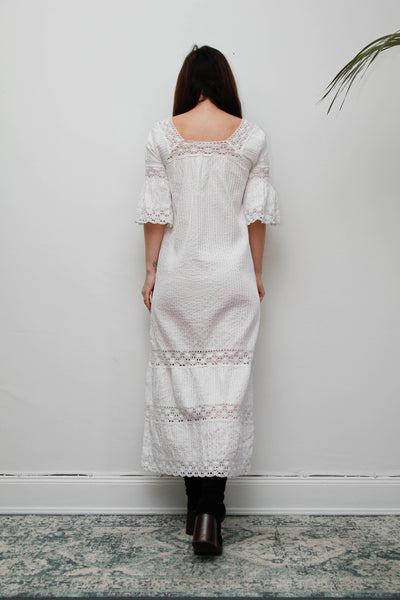 Vintage Mexican Cotton Kaftan Dress - White Crochet Lace Bohemian