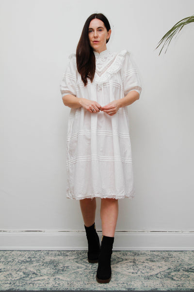 Vintage 1970s Indian Cotton Smock Dress - White Embroidered Ruffle Yoke
