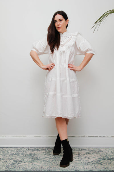 Vintage 1970s Indian Cotton Smock Dress - White Embroidered Ruffle Yoke
