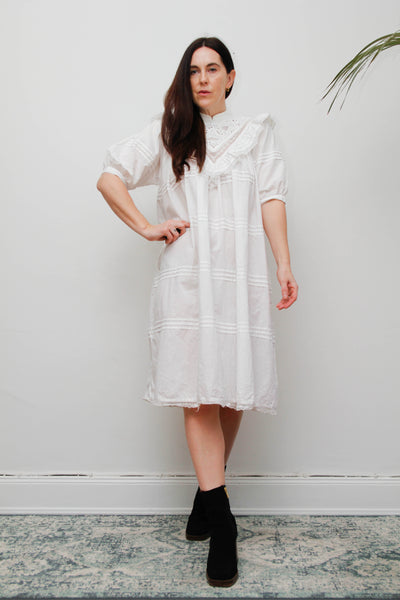 Vintage 1970s Indian Cotton Smock Dress - White Embroidered Ruffle Yoke