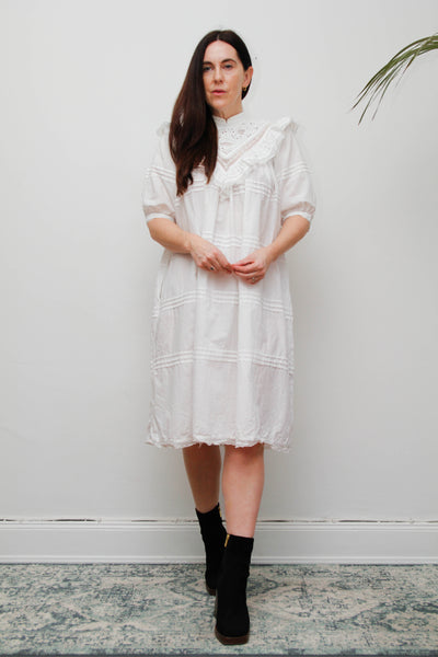 Vintage 1970s Indian Cotton Smock Dress - White Embroidered Ruffle Yoke