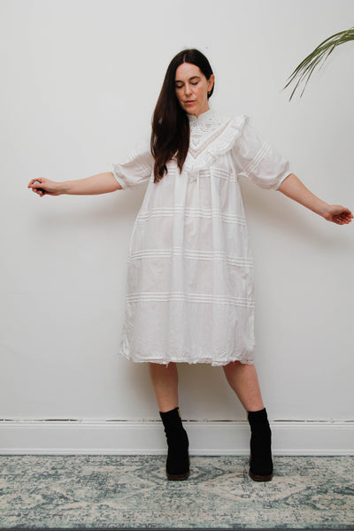 Vintage 1970s Indian Cotton Smock Dress - White Embroidered Ruffle Yoke