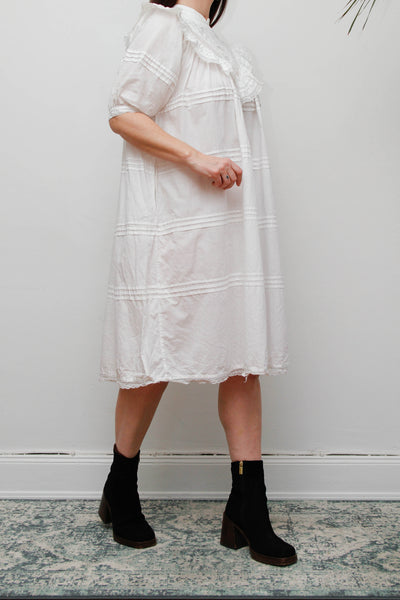 Vintage 1970s Indian Cotton Smock Dress - White Embroidered Ruffle Yoke