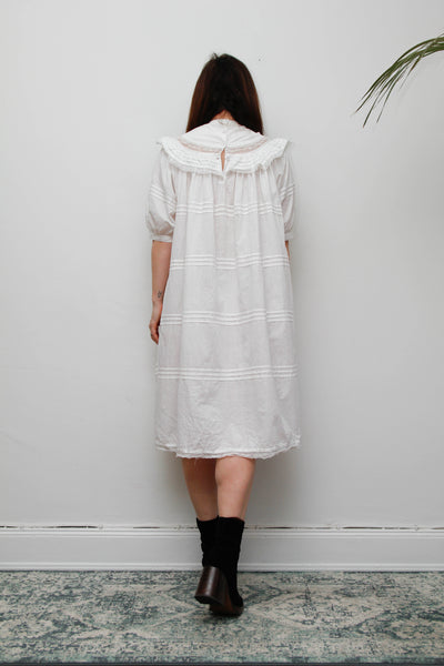 Vintage 1970s Indian Cotton Smock Dress - White Embroidered Ruffle Yoke