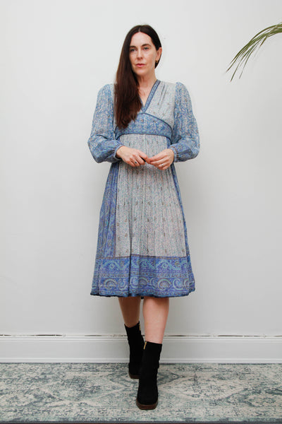 Vintage Mayur Indian Block Print Pinafore Dress -Blue Gold Star Cotton