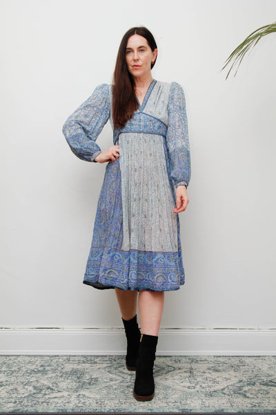 Vintage Mayur Indian Block Print Pinafore Dress -Blue Gold Star Cotton