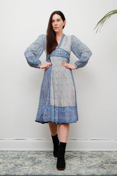 Vintage Mayur Indian Block Print Pinafore Dress -Blue Gold Star Cotton