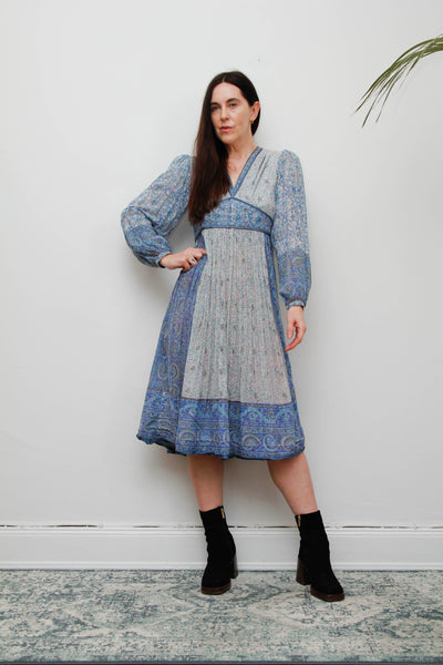 Vintage Mayur Indian Block Print Pinafore Dress -Blue Gold Star Cotton