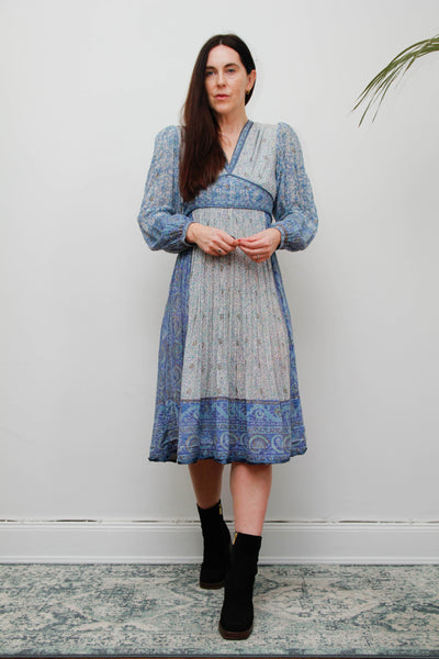 Vintage Mayur Indian Block Print Pinafore Dress -Blue Gold Star Cotton