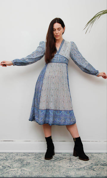 Vintage Mayur Indian Block Print Pinafore Dress -Blue Gold Star Cotton