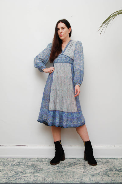 Vintage Mayur Indian Block Print Pinafore Dress -Blue Gold Star Cotton