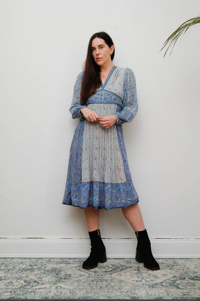 Vintage Mayur Indian Block Print Pinafore Dress -Blue Gold Star Cotton
