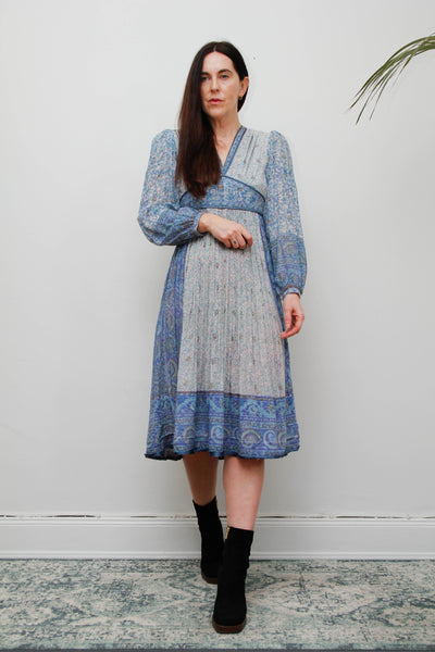 Vintage Mayur Indian Block Print Pinafore Dress -Blue Gold Star Cotton