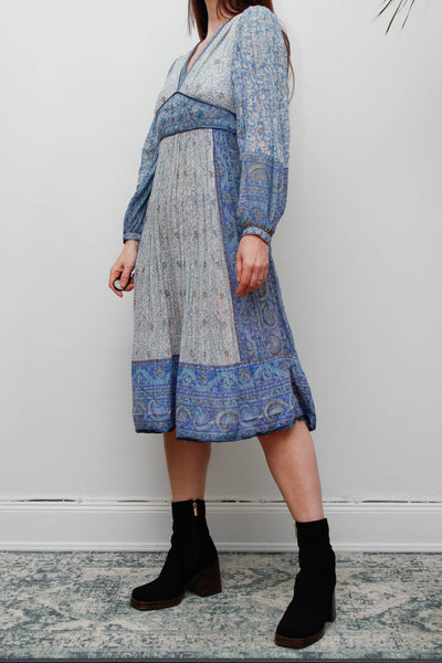 Vintage Mayur Indian Block Print Pinafore Dress -Blue Gold Star Cotton