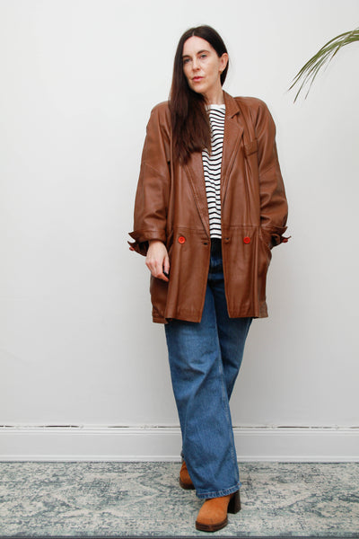 Vintage 1980s Oversized Brown Leather Cape Jacket, Chloe-Inspired