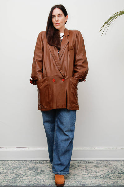 Vintage 1980s Oversized Brown Leather Cape Jacket, Chloe-Inspired