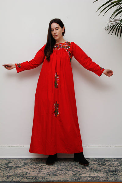 1970's Traditional Cotton Floral Embroidered Oaxacan Mexican Dress