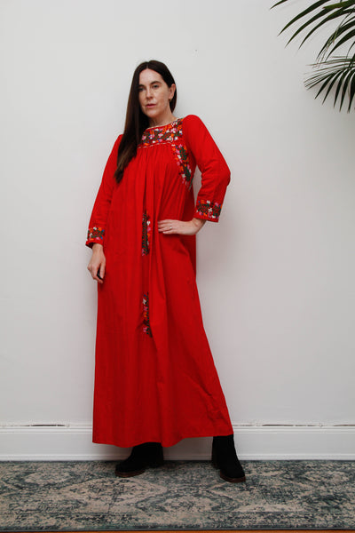 1970's Traditional Cotton Floral Embroidered Oaxacan Mexican Dress