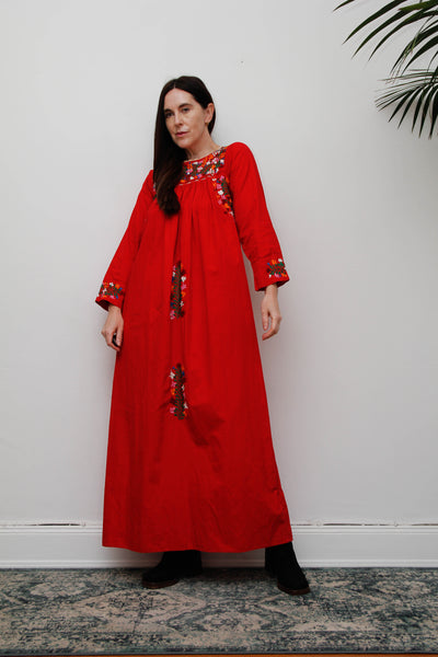 1970's Traditional Cotton Floral Embroidered Oaxacan Mexican Dress