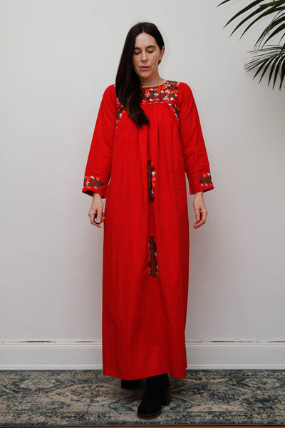 1970's Traditional Cotton Floral Embroidered Oaxacan Mexican Dress