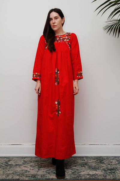 1970's Traditional Cotton Floral Embroidered Oaxacan Mexican Dress