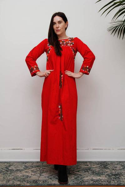 1970's Traditional Cotton Floral Embroidered Oaxacan Mexican Dress