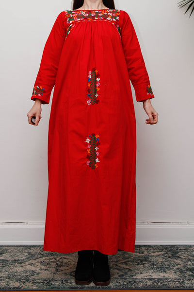 1970's Traditional Cotton Floral Embroidered Oaxacan Mexican Dress