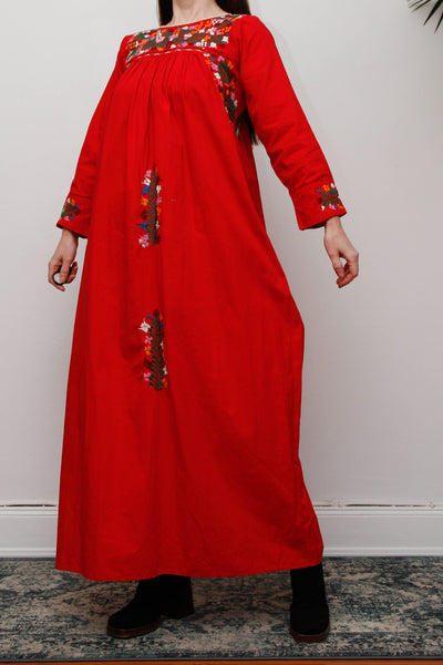 1970's Traditional Cotton Floral Embroidered Oaxacan Mexican Dress