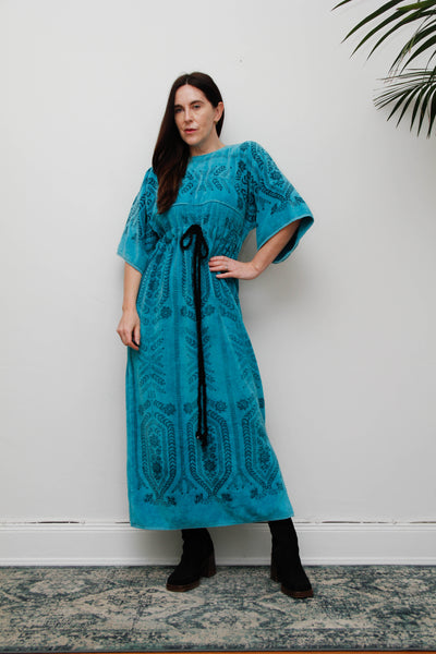 Rare Vintage 1970s Toweling Kaftan Dress - Turquoise Floral Cotton