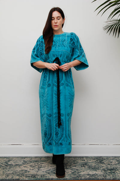 Rare Vintage 1970s Toweling Kaftan Dress - Turquoise Floral Cotton