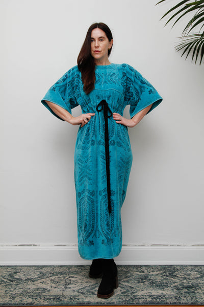 Rare Vintage 1970s Toweling Kaftan Dress - Turquoise Floral Cotton