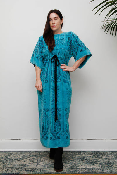Rare Vintage 1970s Toweling Kaftan Dress - Turquoise Floral Cotton