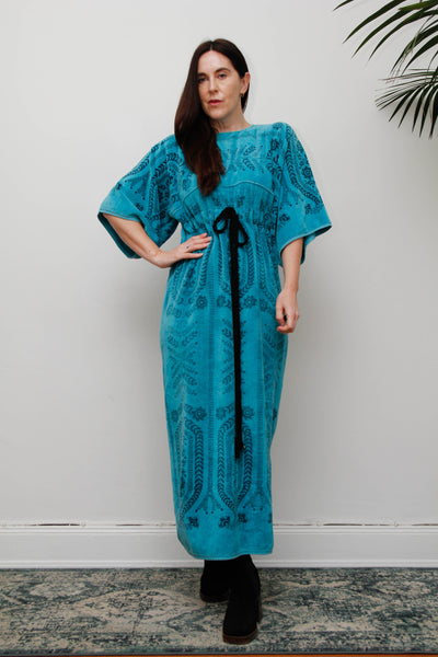 Rare Vintage 1970s Toweling Kaftan Dress - Turquoise Floral Cotton