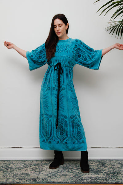 Rare Vintage 1970s Toweling Kaftan Dress - Turquoise Floral Cotton
