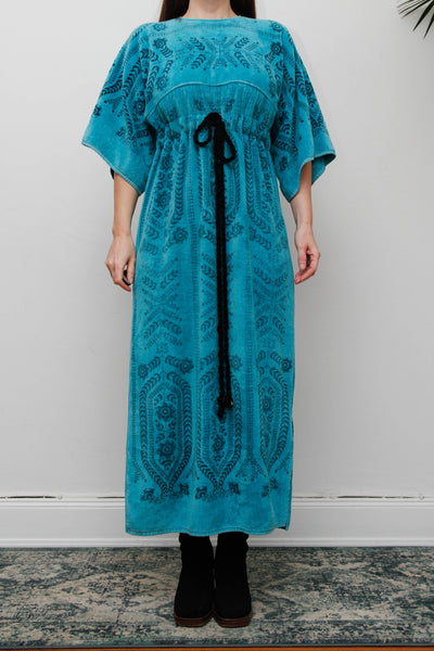 Rare Vintage 1970s Toweling Kaftan Dress - Turquoise Floral Cotton
