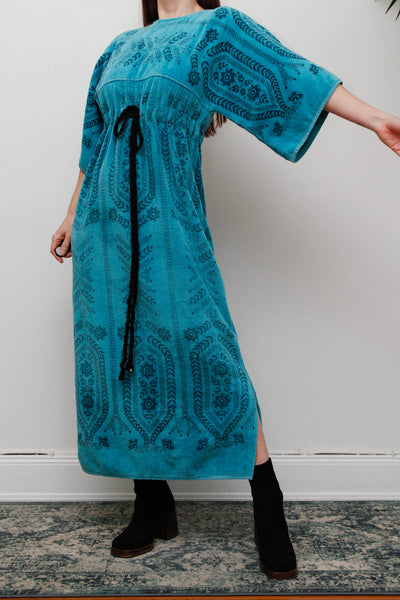 Rare Vintage 1970s Toweling Kaftan Dress - Turquoise Floral Cotton
