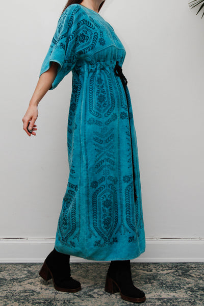 Rare Vintage 1970s Toweling Kaftan Dress - Turquoise Floral Cotton