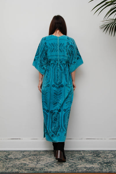 Rare Vintage 1970s Toweling Kaftan Dress - Turquoise Floral Cotton