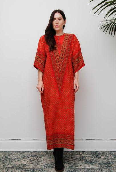 Rare Vintage Indian Block Print Maxi Dress , 70's Red Angel Sleeve Bohemian