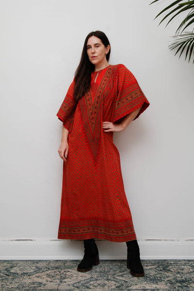 Rare Vintage Indian Block Print Maxi Dress , 70's Red Angel Sleeve Bohemian