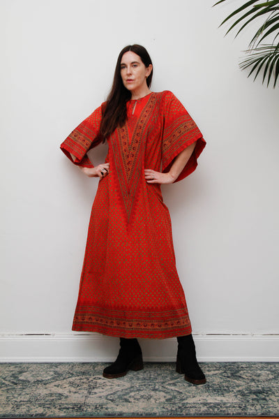 Rare Vintage Indian Block Print Maxi Dress , 70's Red Angel Sleeve Bohemian