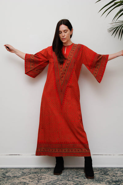 Rare Vintage Indian Block Print Maxi Dress , 70's Red Angel Sleeve Bohemian